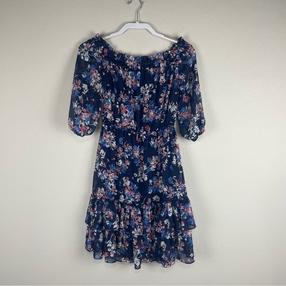 Westport Blue Floral Off The Shoulder Short Sleeve Dress